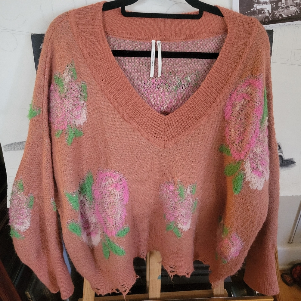 Anthropologie Floral Knit Women Sweater - Pink and Green